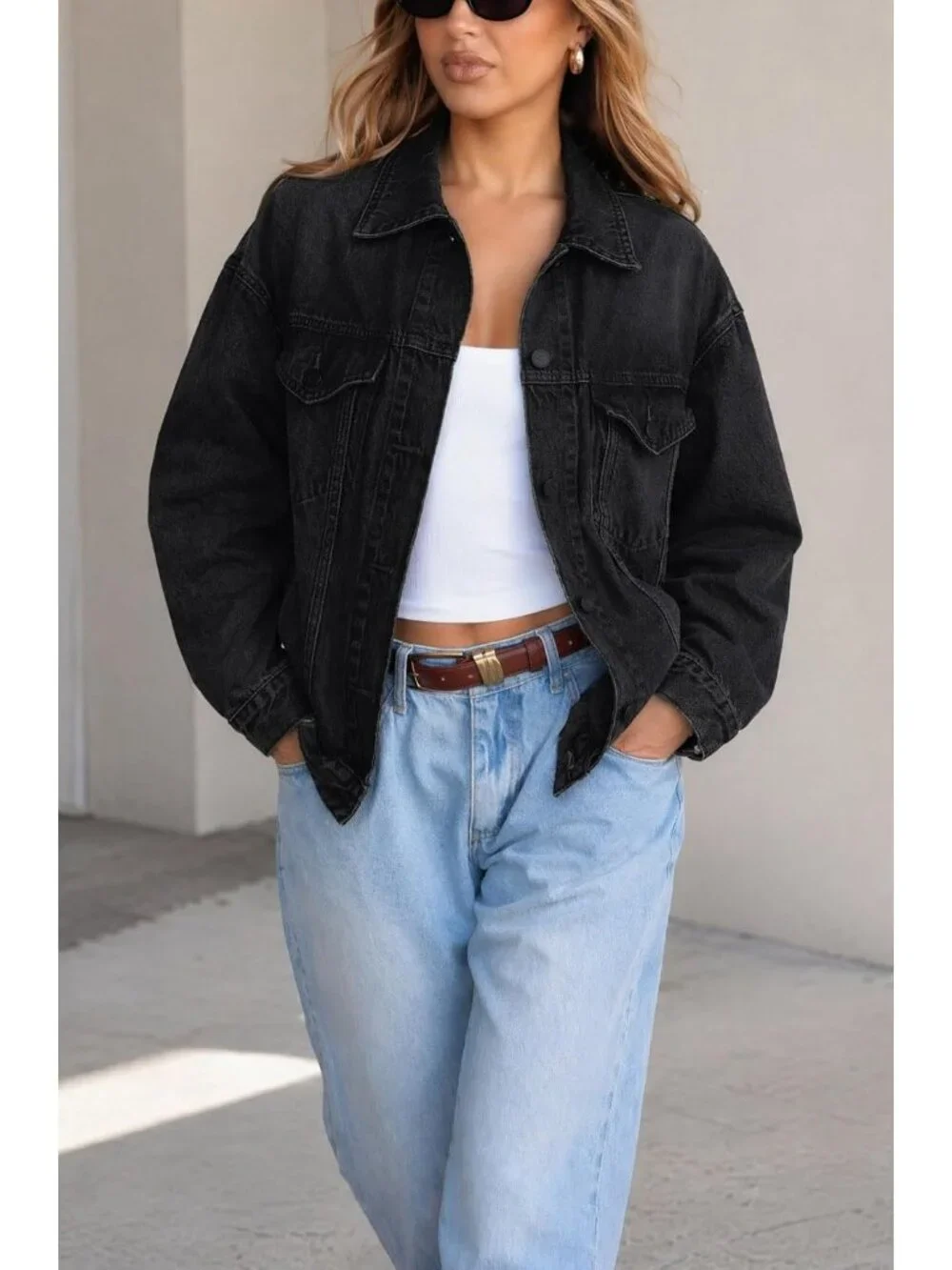 Women's Black Oversized Casual Trucker Jeans Jacket Long Sleeve Button Down Coat